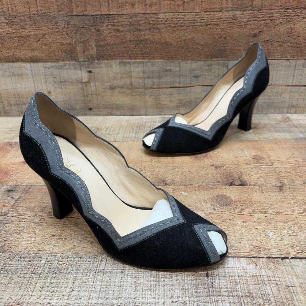 Cole Haan Pumps Womens Size 9.5 40.5 Black Suede Peep Toe Scallop Heel Shoes